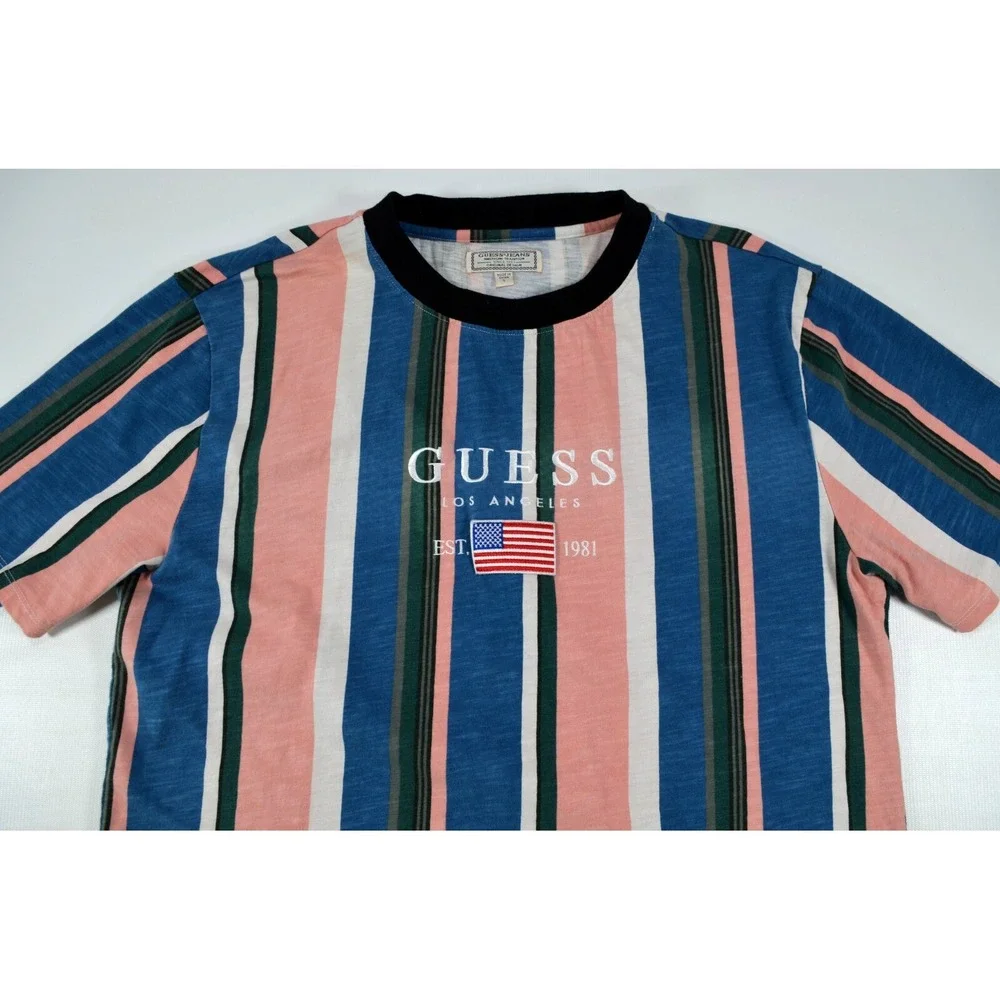 Guess LA Striped‎ T-Shirt Short Sleeve Embroidered Logo &  American Flag Men's L - Picture 5 of 13